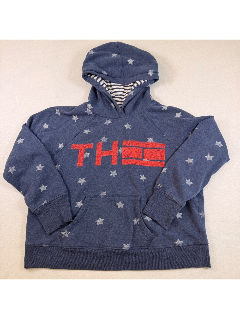 Tommy Hilfiger Navy Star Print Flag Logo Hoodie Sweatshirt L